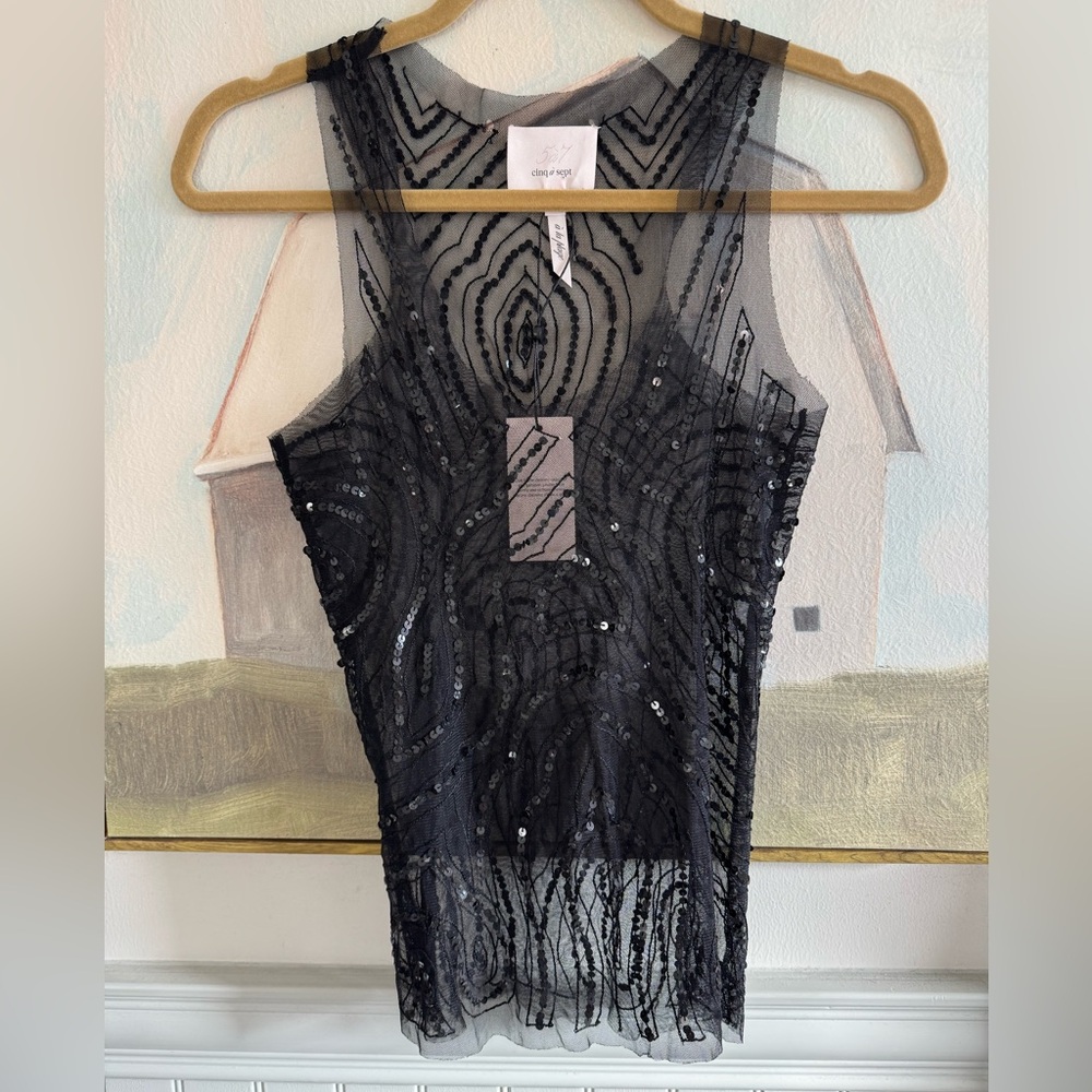 CINQ A SEPT Sheer Beaded Sequin Tank Top Black Size Small NWT - Picture 1 of 8